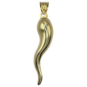 14k Yellow Gold Large Italian Cornicello Horn 38.5mm Long Charm Puffed Pendant